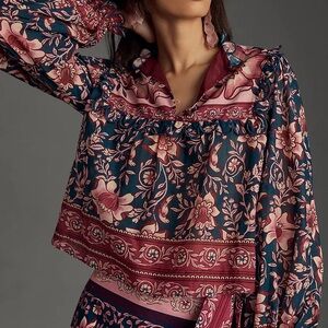 Farm Rio Teal Ainika Charm Long Sleeve Blouse